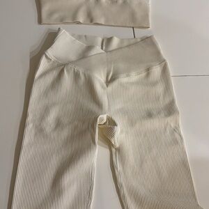Cream Ribbed Kids Leggings